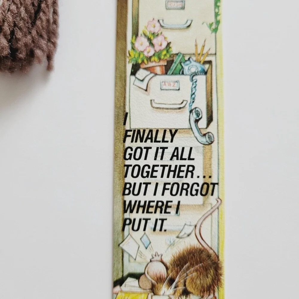 Vintage 70s Office Mouse Bookmark Brown Yarn Tassel 1978 Antioch Bookplate H-225